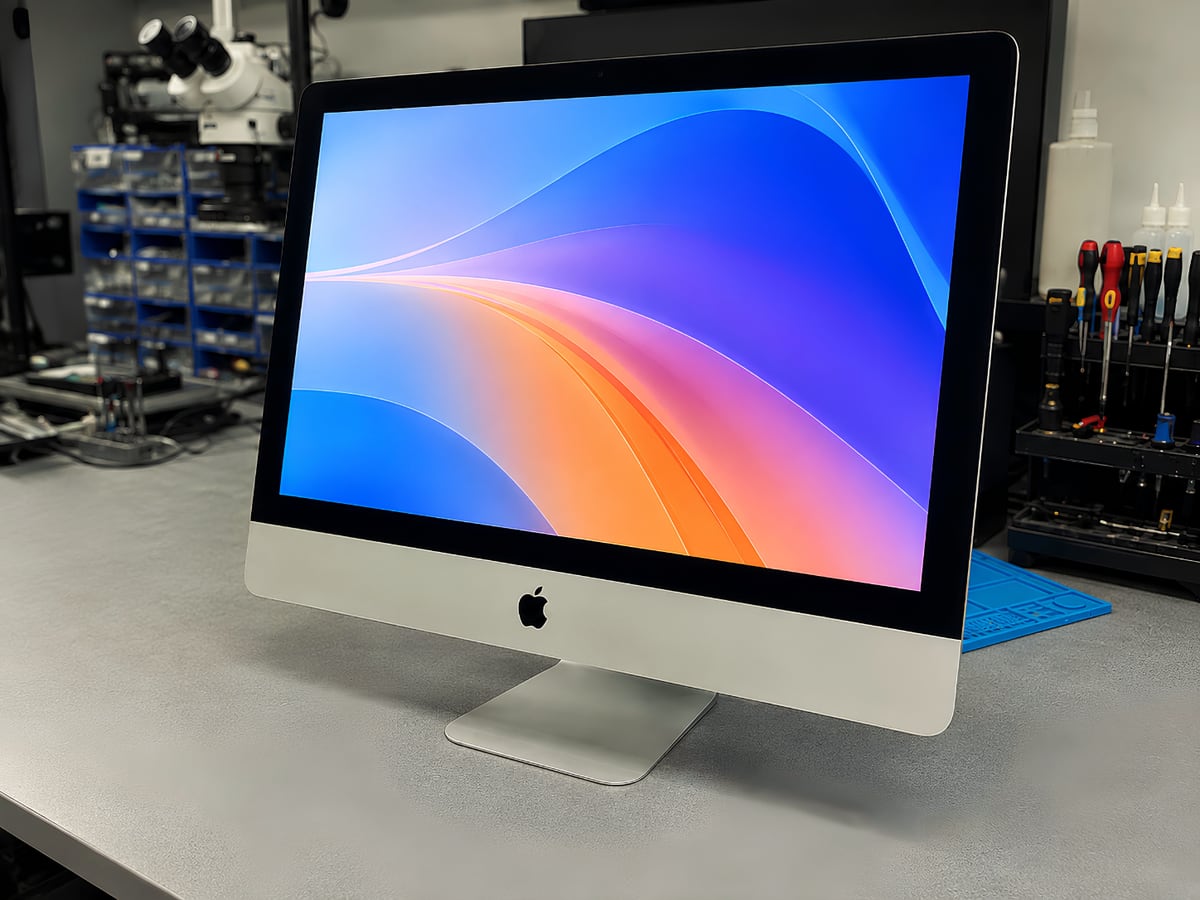 The same iMac back up and running on the workbench after repair in Bangalore